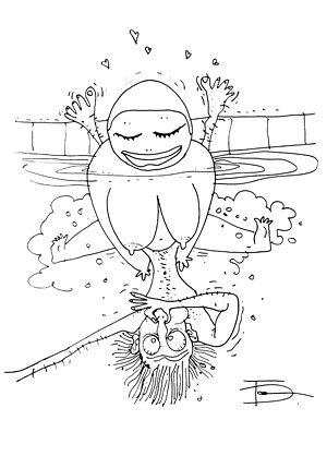 [Rysunek Igora Baranki na temat „Walenie w basenie”]